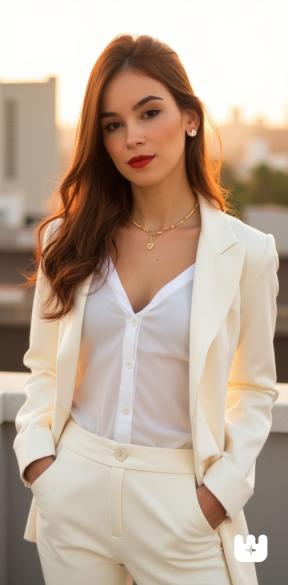 GloriaFerreira wearing a sophisticated white bu...